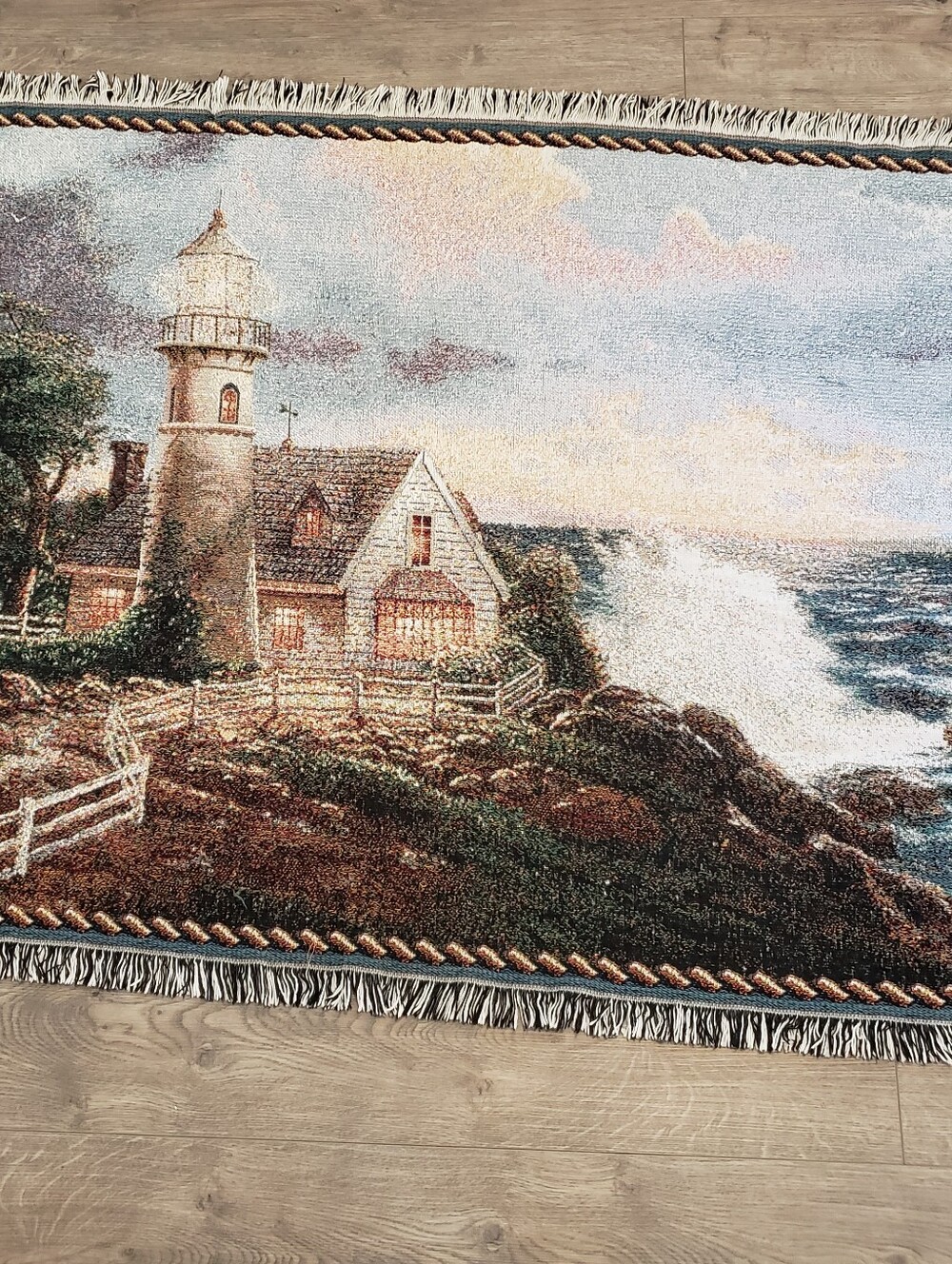 Thomas Kinkade Lighthouse Tapestry Throw Blanket 46" Long x70" Wide Cotton USA
